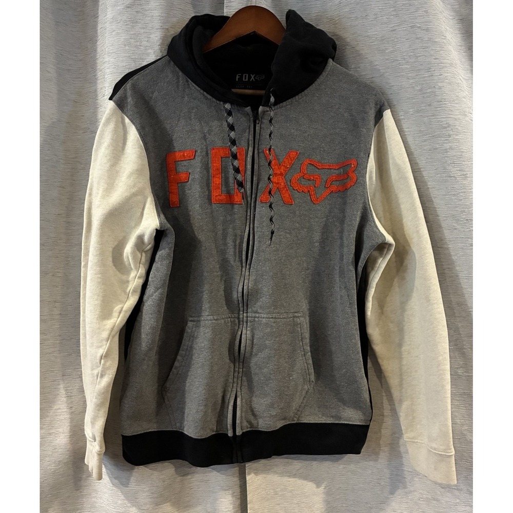 Fox Racing Hoodie Mens Large Gray Motocross Skate Y2K Slim Fit Zip Sweatshirt